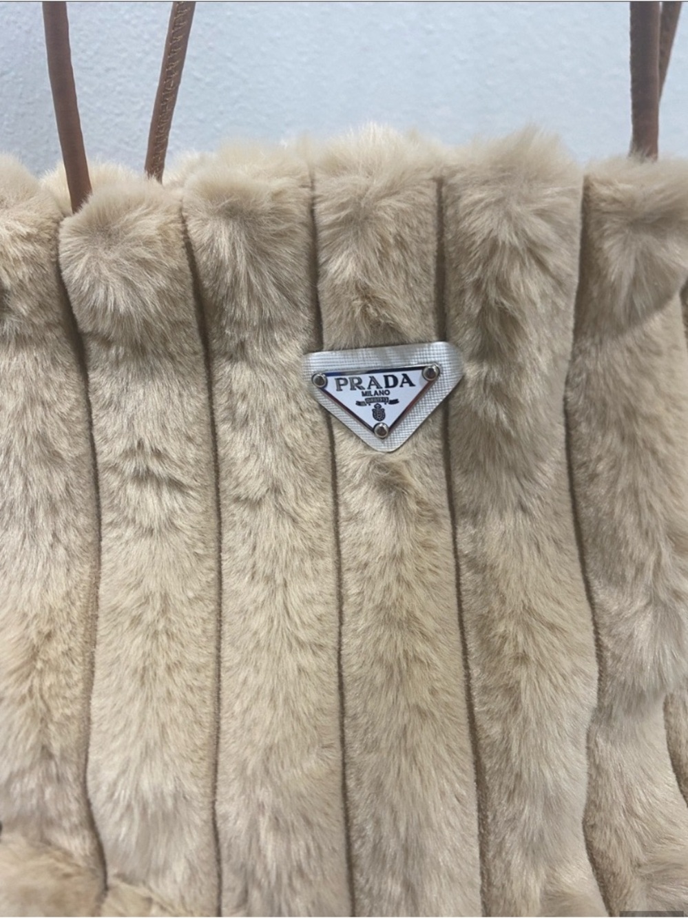 Prada GWP /VIP Cream Faux Fur Plush Vertical-Panel Tote with Tan Straps - Picture 5 of 5